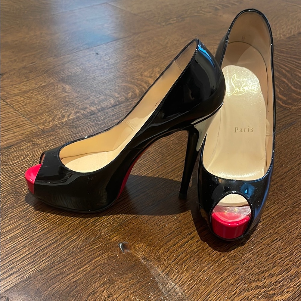 Christian Louboutin Black and Red Peep Toe Heels - Picture 3 of 4